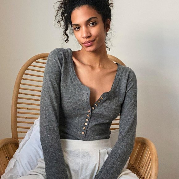 Free People Dylan Thermal Henley Bodysuit Ribbed Knit Dark Gray Long Sleeve - Picture 11 of 12